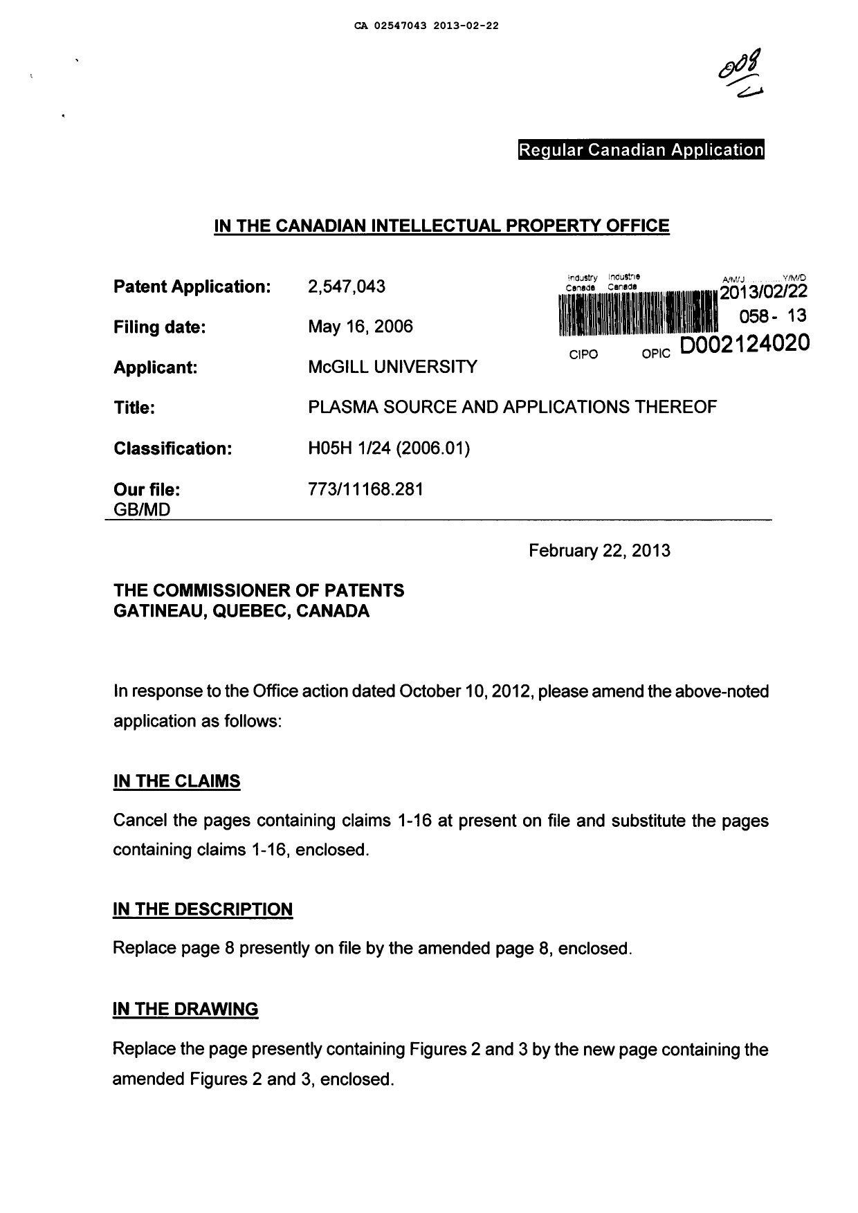 Canadian Patent Document 2547043. Prosecution-Amendment 20121222. Image 1 of 8