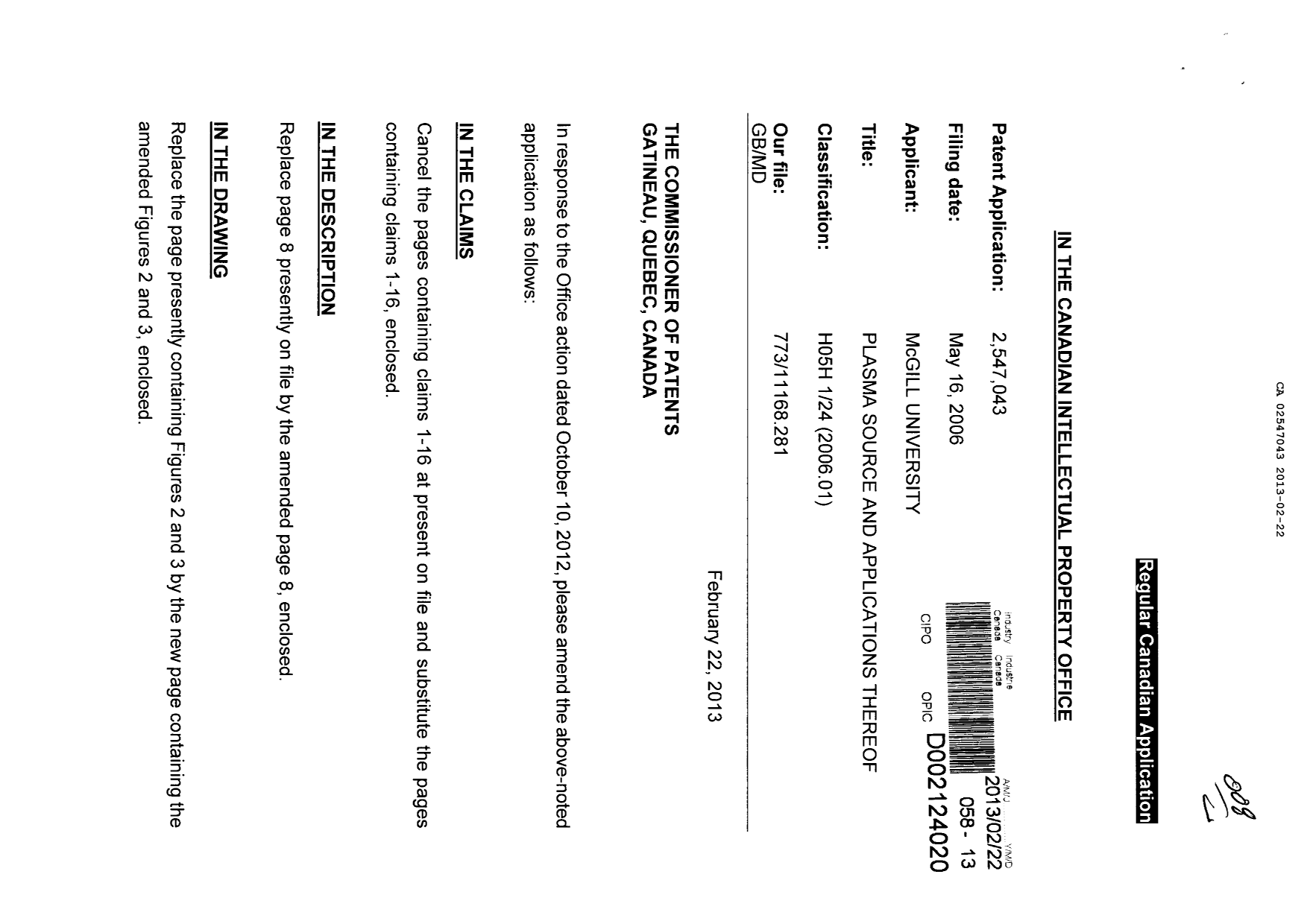 Document de brevet canadien 2547043. Poursuite-Amendment 20121222. Image 1 de 8