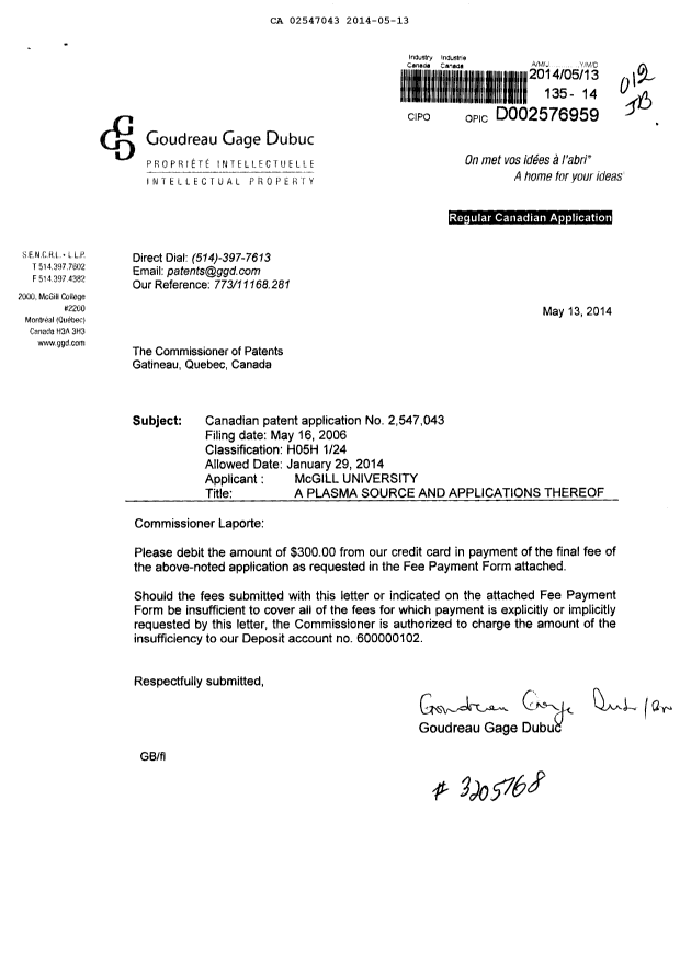 Canadian Patent Document 2547043. Correspondence 20131213. Image 1 of 1