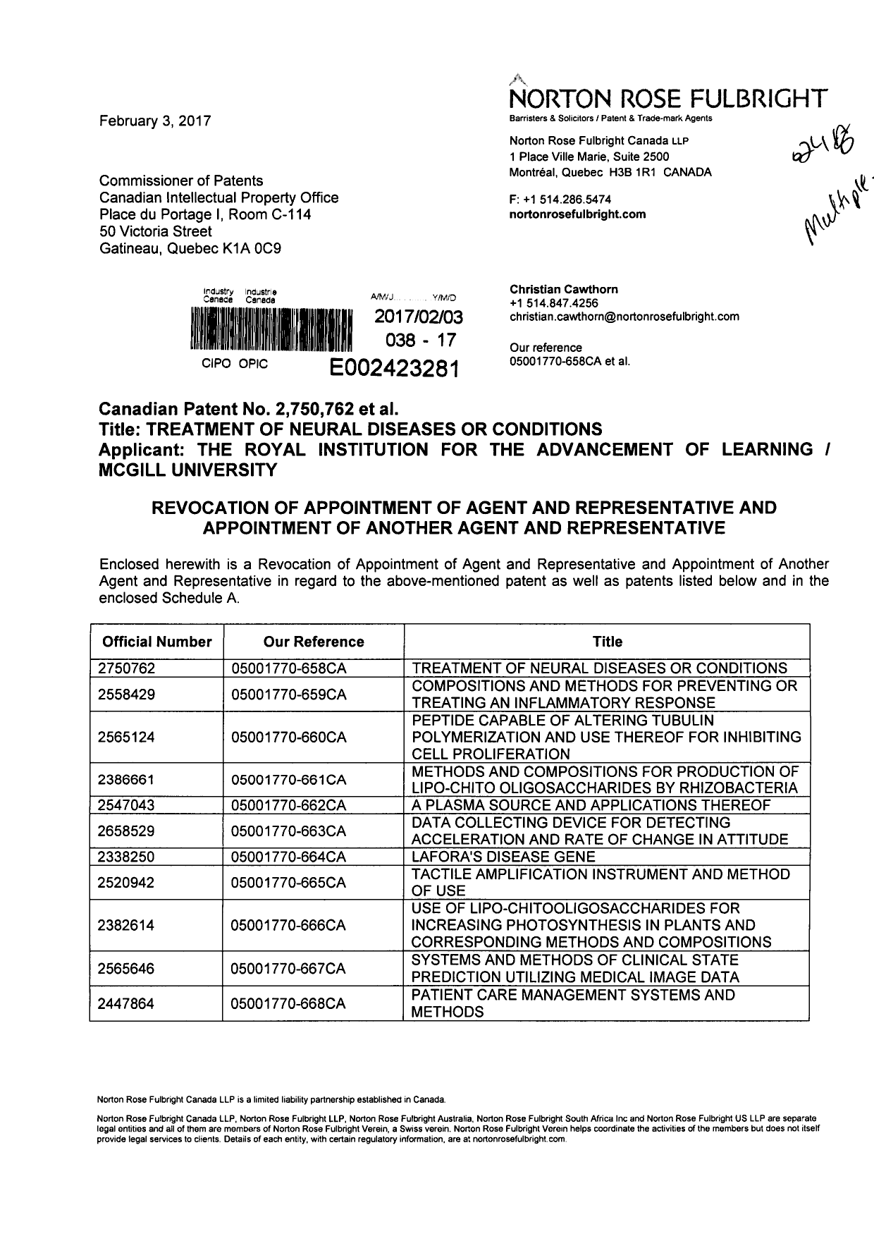 Document de brevet canadien 2547043. Correspondance 20161203. Image 1 de 4
