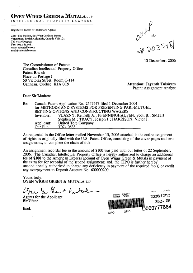 Document de brevet canadien 2547447. Cession 20061213. Image 1 de 10