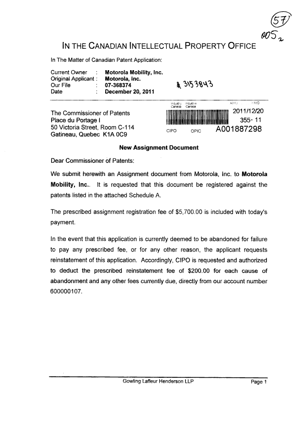 Document de brevet canadien 2547549. Cession 20111220. Image 1 de 8