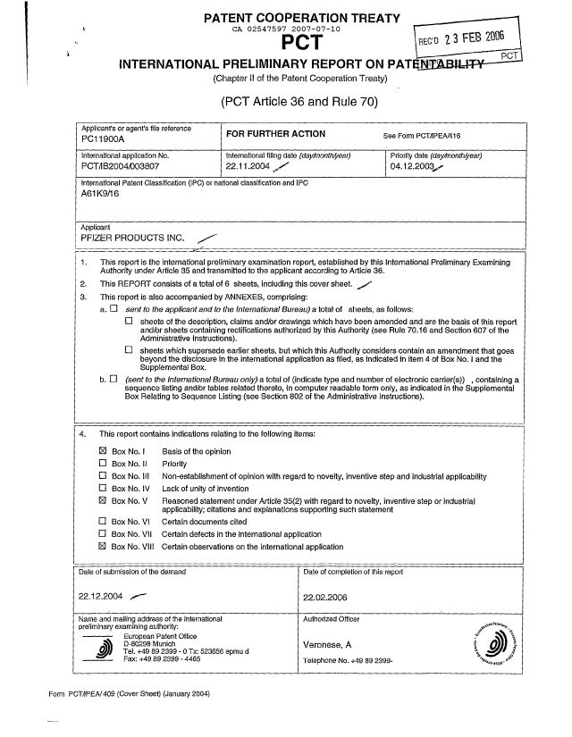Canadian Patent Document 2547597. PCT 20061210. Image 1 of 6