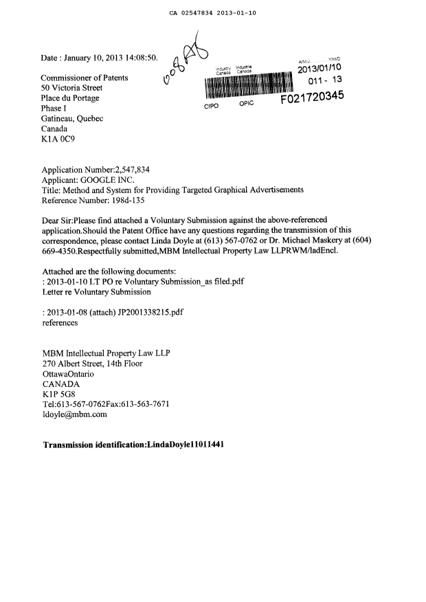 Document de brevet canadien 2547834. Poursuite-Amendment 20130110. Image 1 de 3