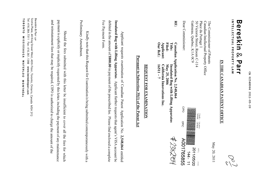 Canadian Patent Document 2548064. Prosecution-Amendment 20110520. Image 1 of 2