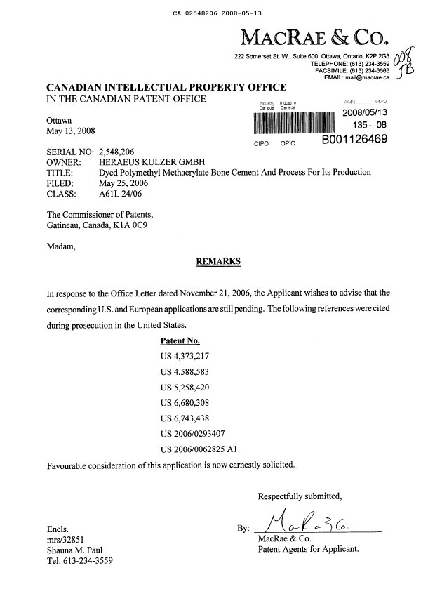 Canadian Patent Document 2548206. Prosecution-Amendment 20080513. Image 1 of 1