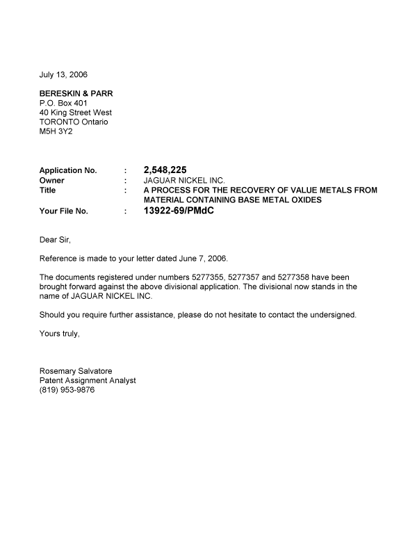 Canadian Patent Document 2548225. Correspondence 20051213. Image 1 of 1