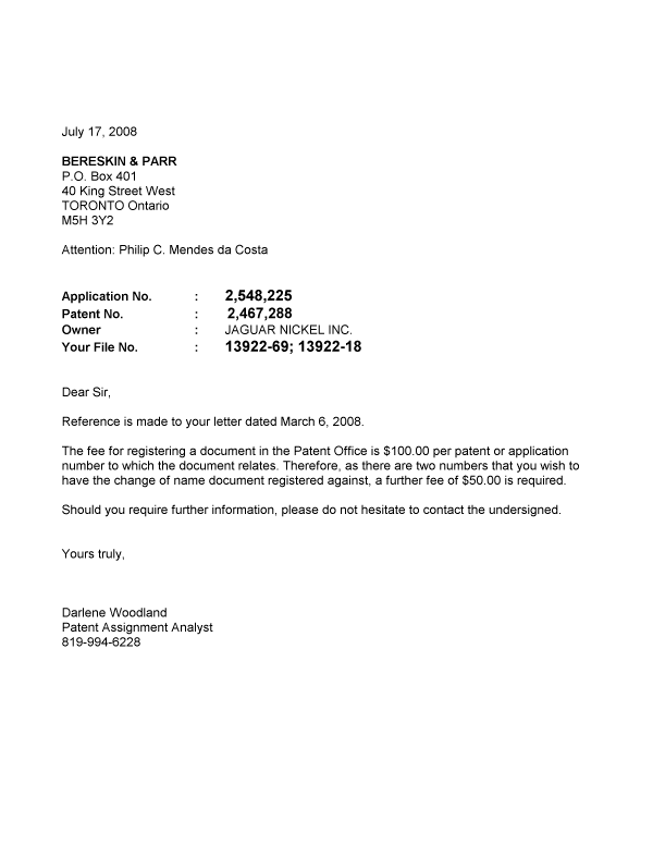 Document de brevet canadien 2548225. Correspondance 20080717. Image 1 de 1