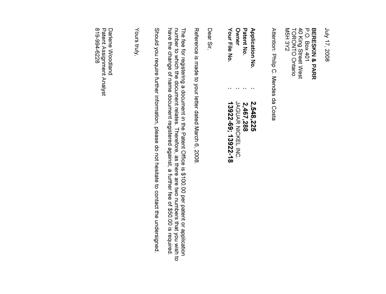 Document de brevet canadien 2548225. Correspondance 20080717. Image 1 de 1
