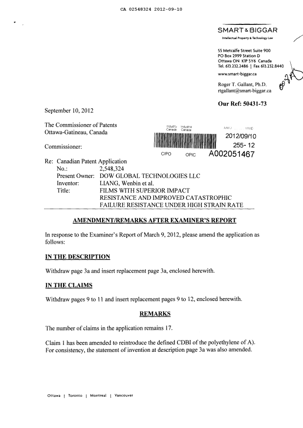 Document de brevet canadien 2548324. Poursuite-Amendment 20120910. Image 1 de 8