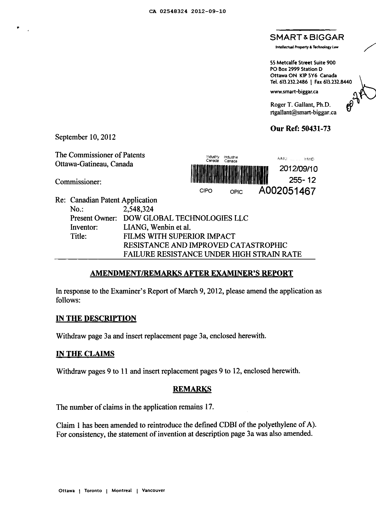 Canadian Patent Document 2548324. Prosecution-Amendment 20120910. Image 1 of 8