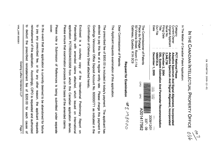 Document de brevet canadien 2548736. Poursuite-Amendment 20081201. Image 1 de 2