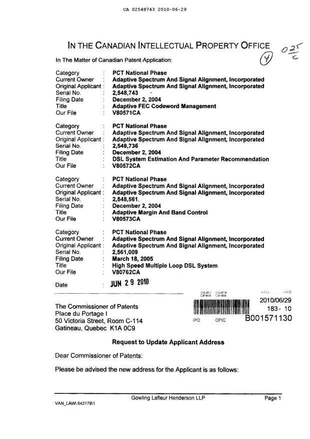 Canadian Patent Document 2548736. Assignment 20091229. Image 1 of 2