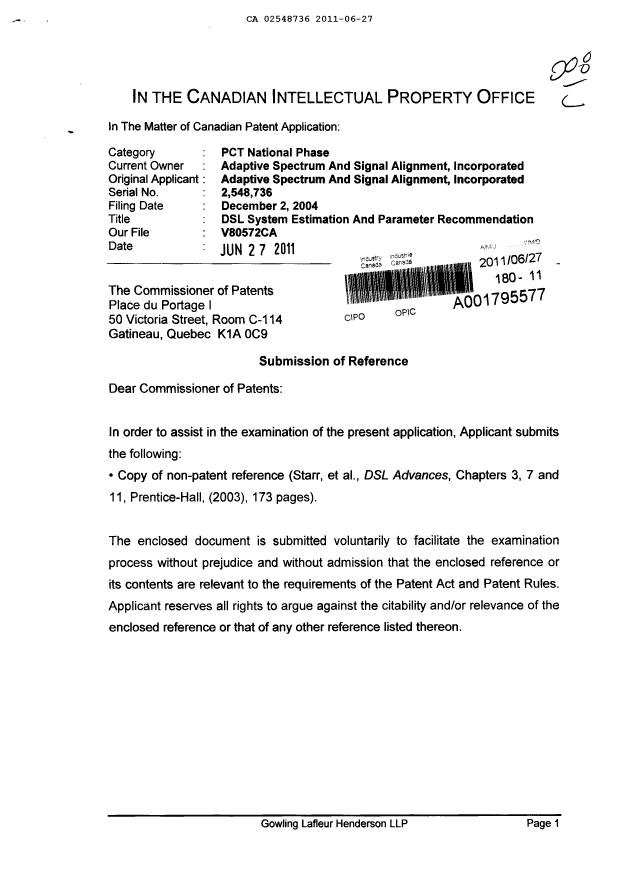 Canadian Patent Document 2548736. Prosecution-Amendment 20101227. Image 1 of 2