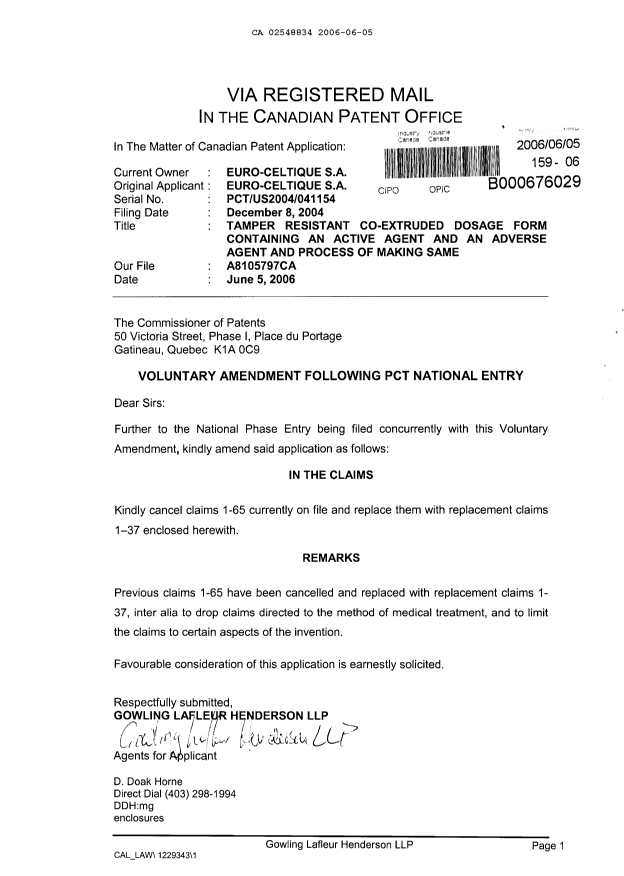 Canadian Patent Document 2548834. Prosecution-Amendment 20060605. Image 1 of 8