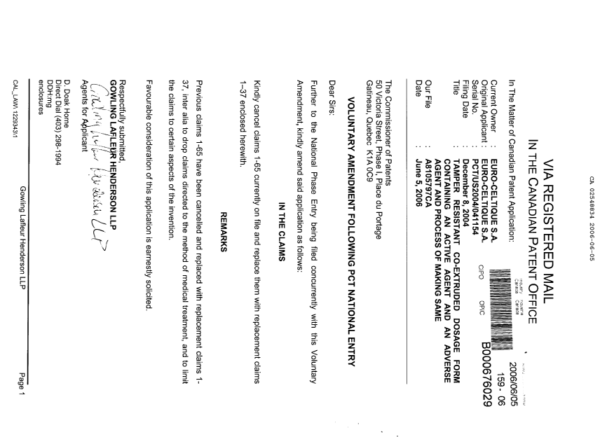 Document de brevet canadien 2548834. Poursuite-Amendment 20060605. Image 1 de 8