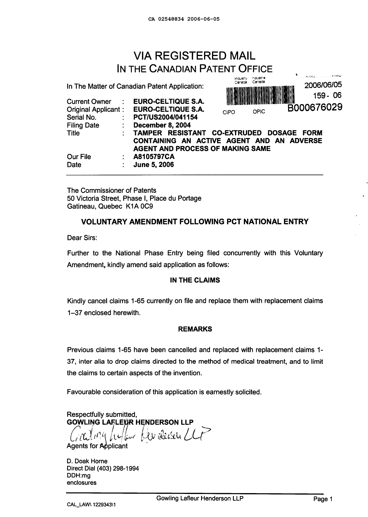Document de brevet canadien 2548834. Poursuite-Amendment 20060605. Image 1 de 8