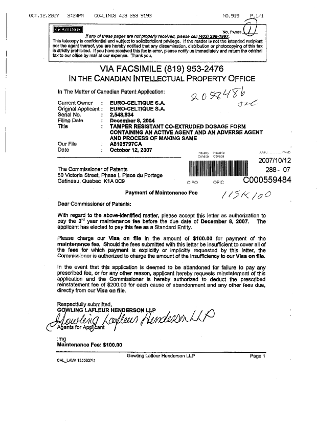 Canadian Patent Document 2548834. Fees 20061212. Image 1 of 1