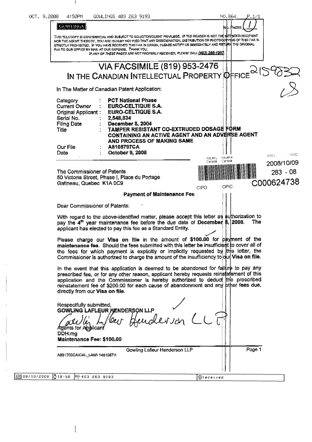 Canadian Patent Document 2548834. Fees 20071209. Image 1 of 1