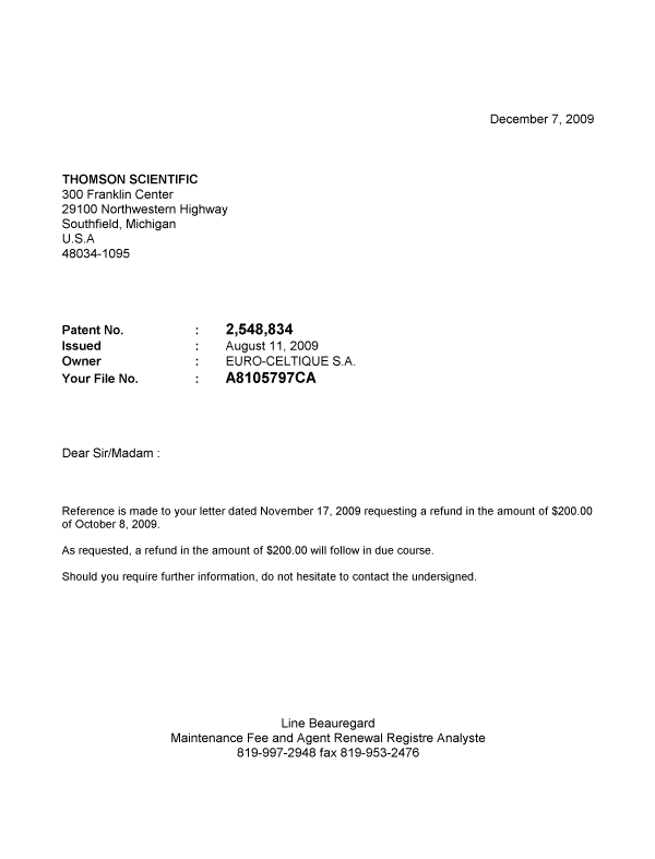 Canadian Patent Document 2548834. Correspondence 20081207. Image 1 of 1