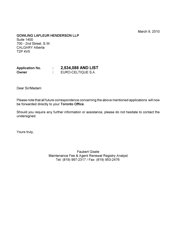 Canadian Patent Document 2548834. Correspondence 20100309. Image 1 of 1