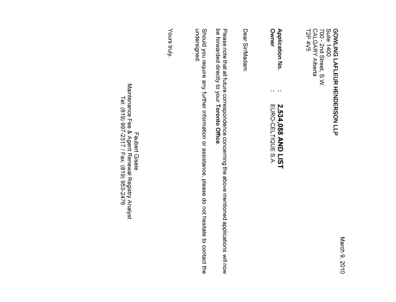 Document de brevet canadien 2548834. Correspondance 20100309. Image 1 de 1