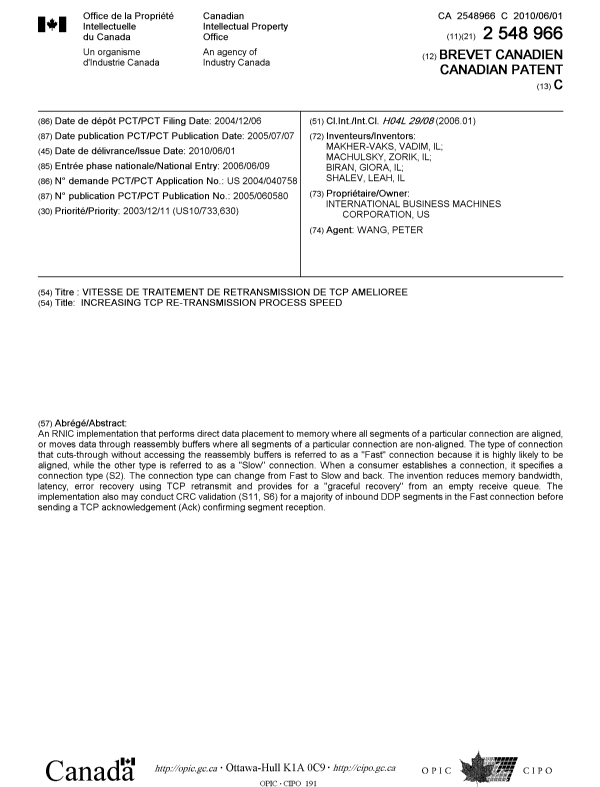 Canadian Patent Document 2548966. Cover Page 20091207. Image 1 of 1