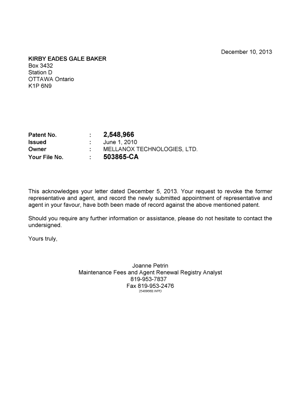 Document de brevet canadien 2548966. Correspondance 20131210. Image 1 de 1