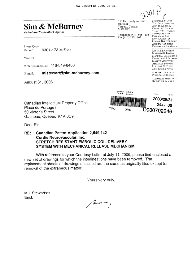 Canadian Patent Document 2549142. Correspondence 20060831. Image 1 of 8