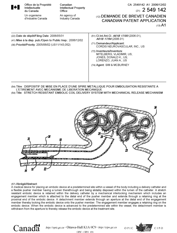 Canadian Patent Document 2549142. Cover Page 20061120. Image 1 of 1