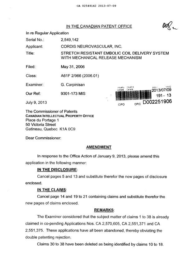Canadian Patent Document 2549142. Prosecution-Amendment 20130709. Image 1 of 8