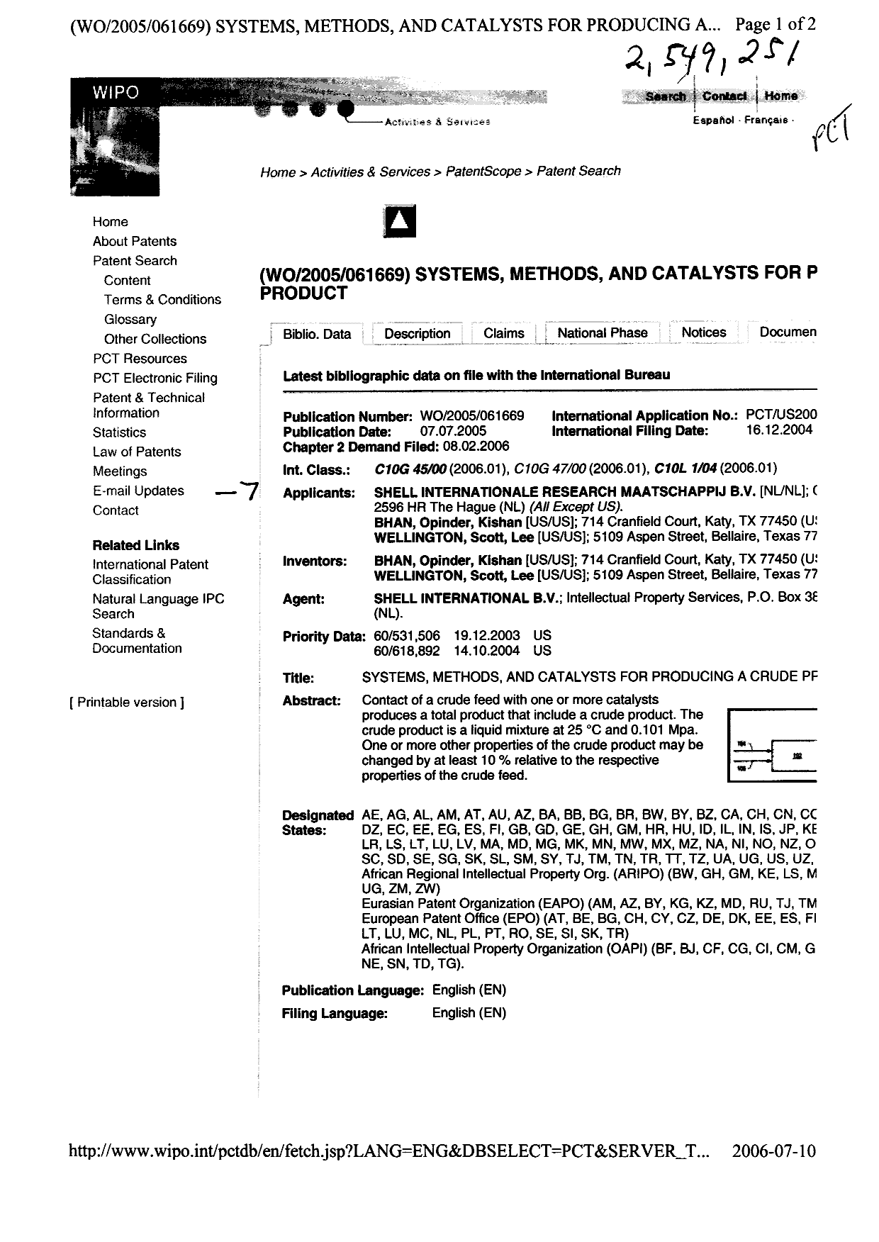 Canadian Patent Document 2549251. PCT 20060731. Image 1 of 1