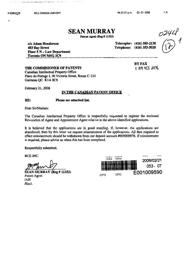 Document de brevet canadien 2549285. Correspondance 20080221. Image 1 de 4