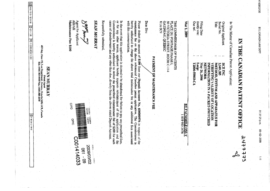 Canadian Patent Document 2549285. Fees 20090302. Image 1 of 1