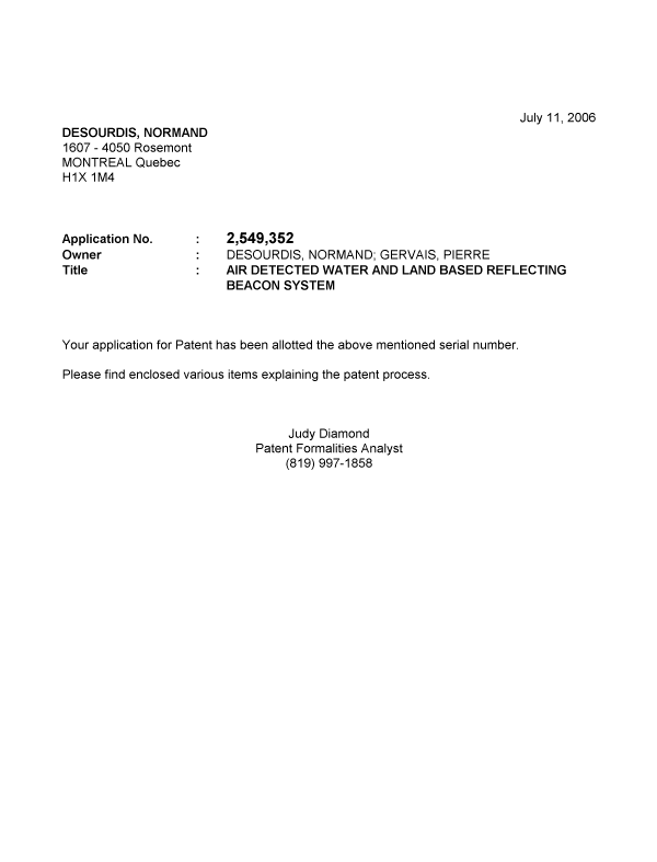 Document de brevet canadien 2549352. Correspondance 20051211. Image 1 de 1