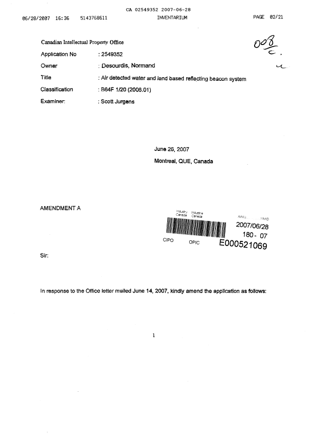 Canadian Patent Document 2549352. Prosecution-Amendment 20070628. Image 1 of 21
