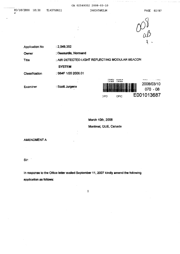 Document de brevet canadien 2549352. Poursuite-Amendment 20071210. Image 1 de 7