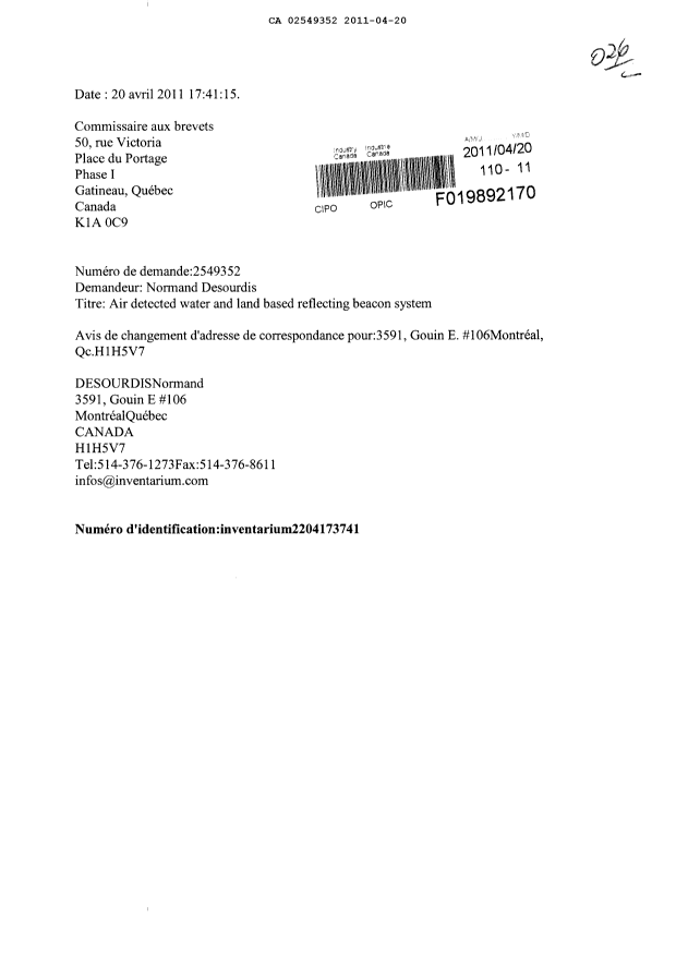Document de brevet canadien 2549352. Correspondance 20101220. Image 1 de 1