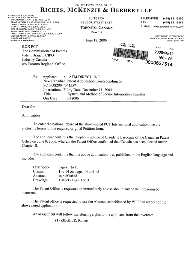 Document de brevet canadien 2549379. Cession 20060612. Image 1 de 4