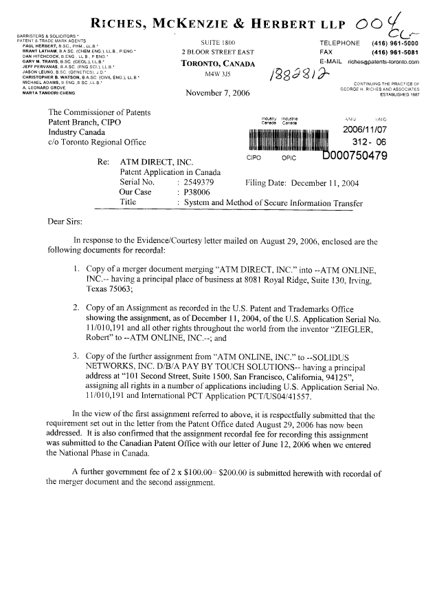 Document de brevet canadien 2549379. Cession 20061107. Image 1 de 19