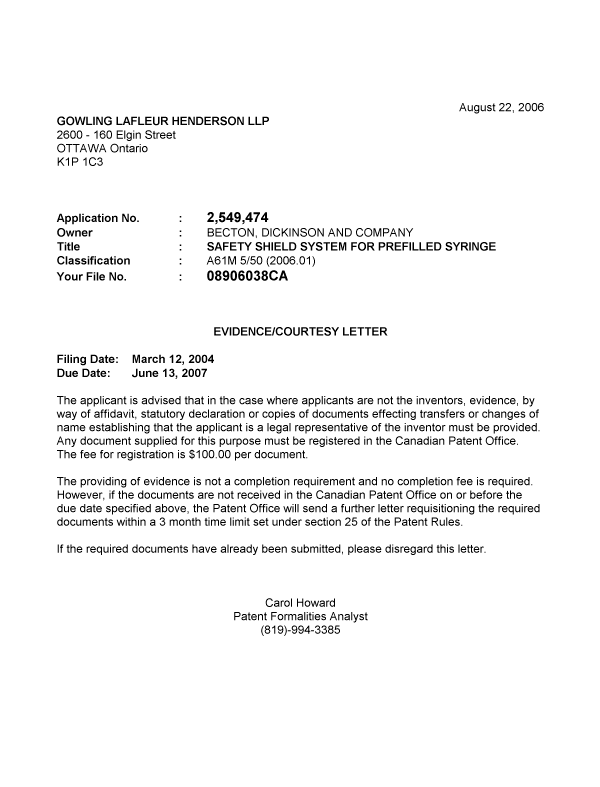 Document de brevet canadien 2549474. Correspondance 20060821. Image 1 de 1