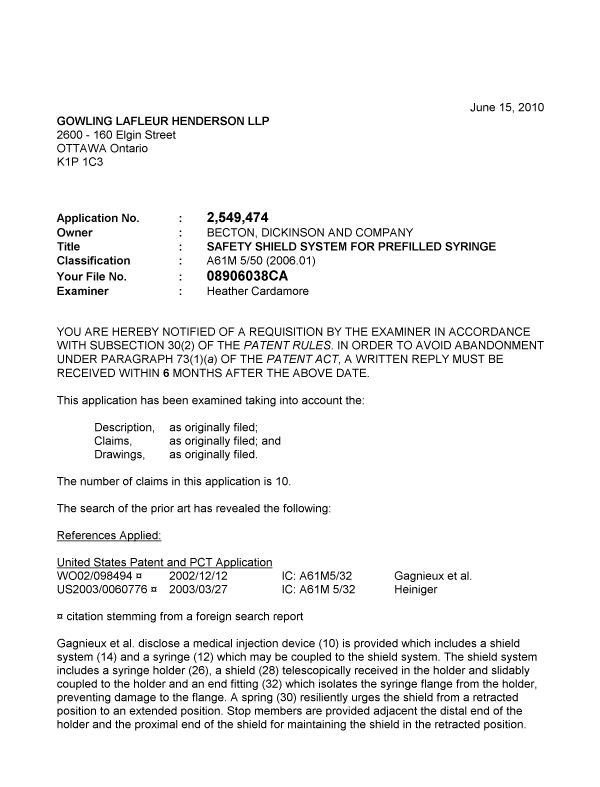 Document de brevet canadien 2549474. Poursuite-Amendment 20100615. Image 1 de 2