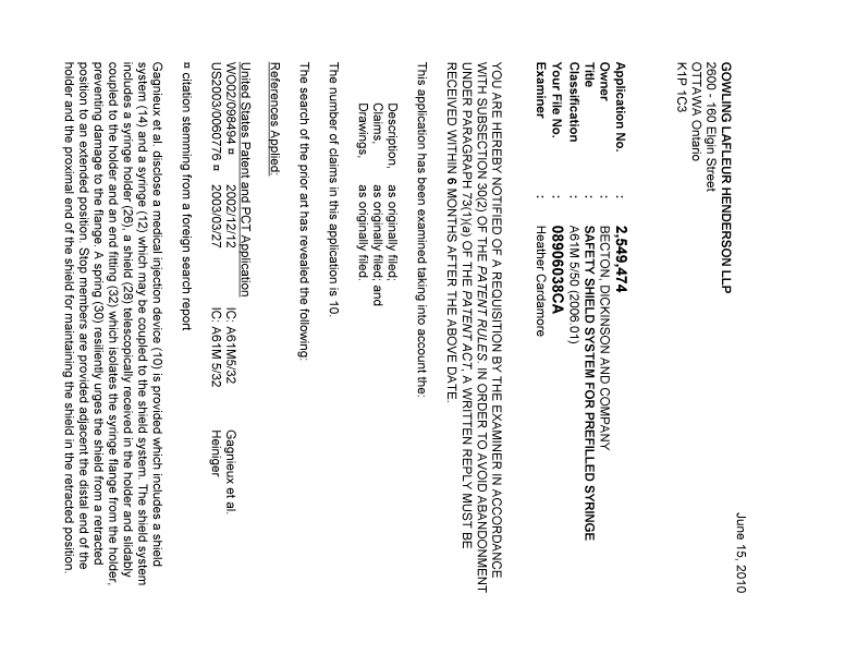 Canadian Patent Document 2549474. Prosecution-Amendment 20100615. Image 1 of 2