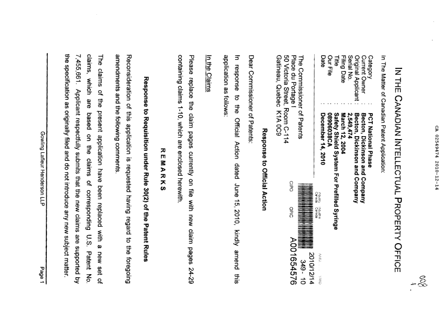 Canadian Patent Document 2549474. Prosecution-Amendment 20101214. Image 1 of 9