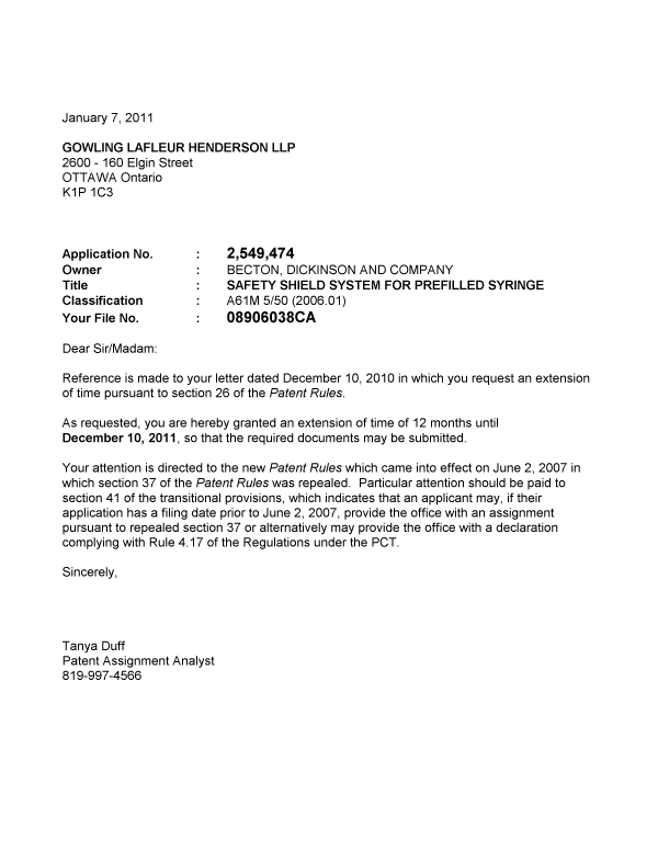 Document de brevet canadien 2549474. Correspondance 20110107. Image 1 de 1
