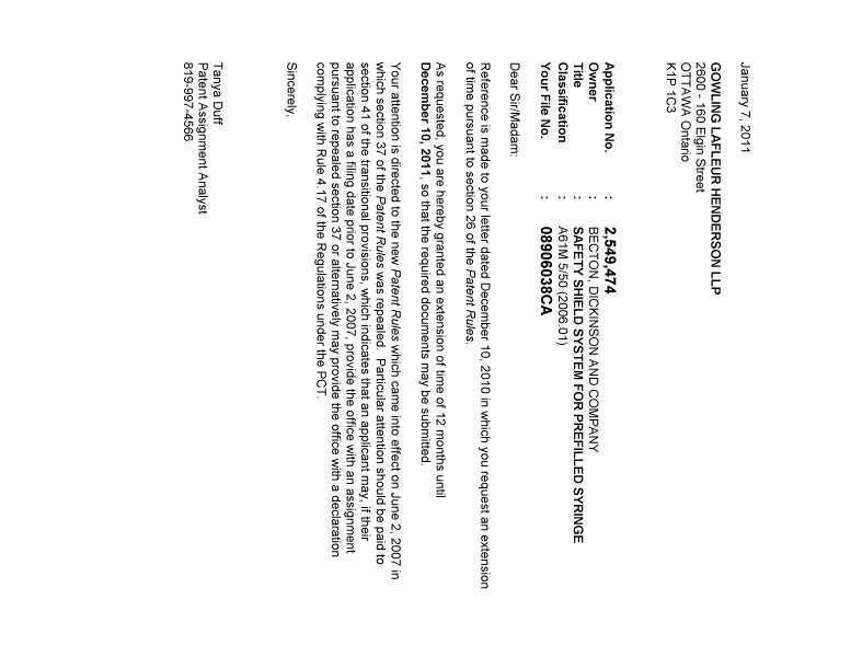 Canadian Patent Document 2549474. Correspondence 20110107. Image 1 of 1