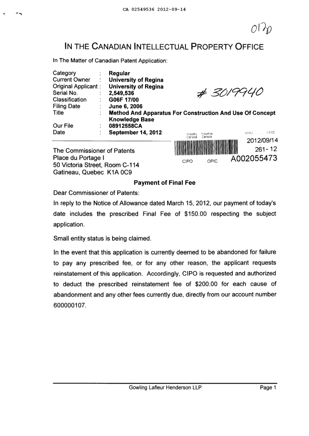 Canadian Patent Document 2549536. Correspondence 20120914. Image 1 of 2