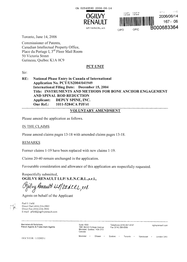 Canadian Patent Document 2549590. Prosecution-Amendment 20060614. Image 1 of 7