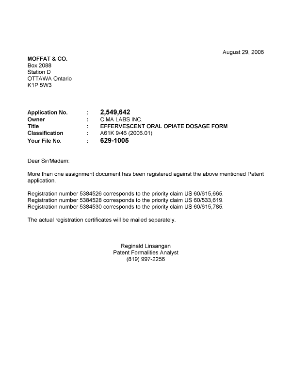 Document de brevet canadien 2549642. Correspondance 20060824. Image 1 de 1