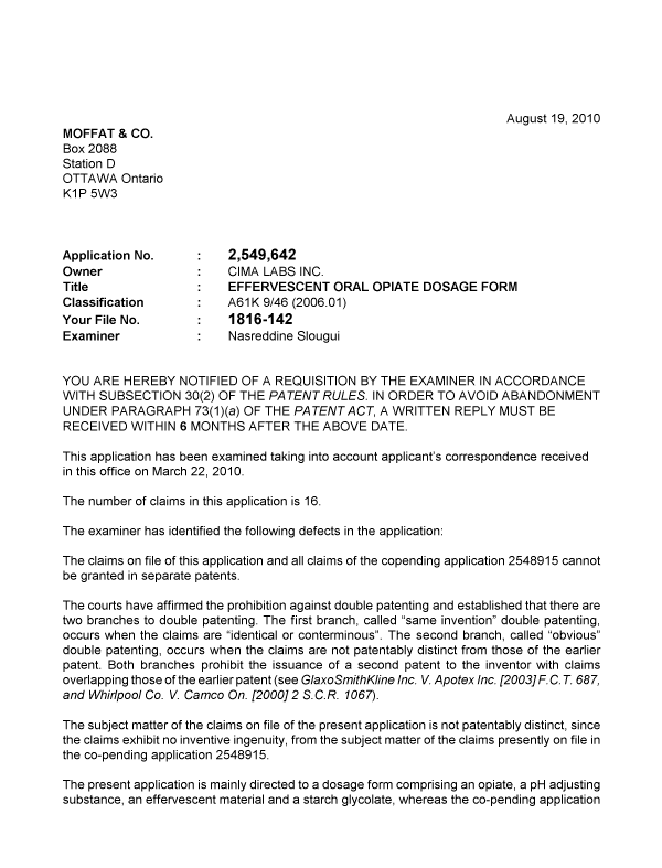 Document de brevet canadien 2549642. Poursuite-Amendment 20100819. Image 1 de 2
